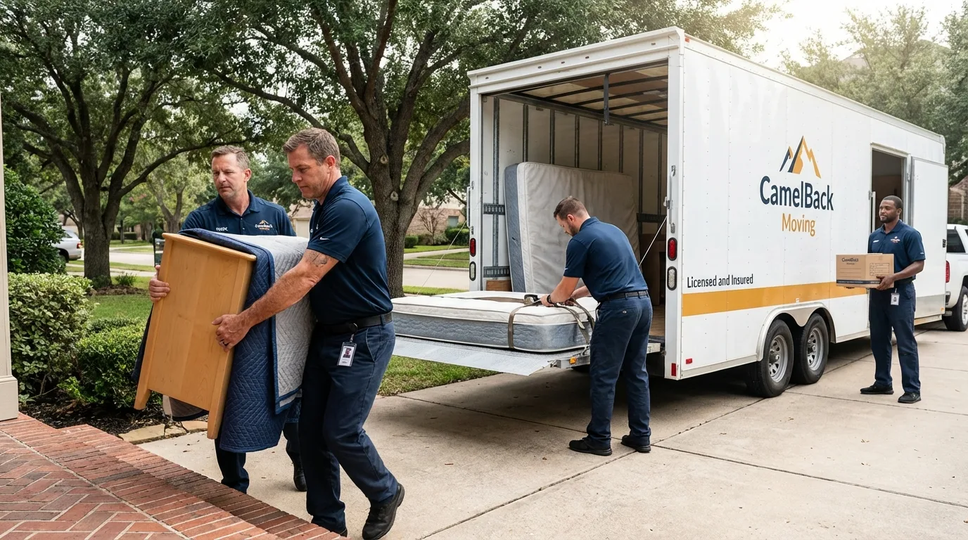 Crew loading residential truck for cross-state move from El Reno, OK