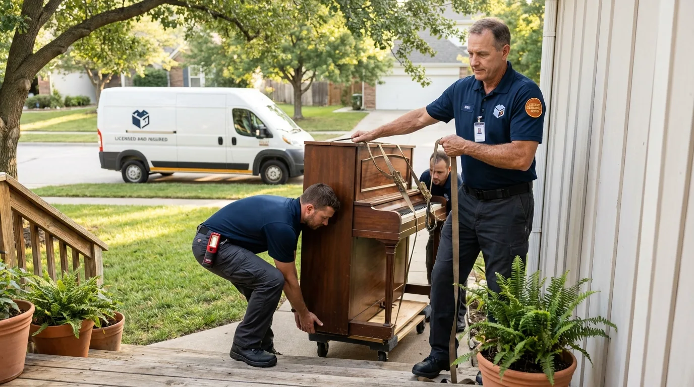 Licensed piano movers securing grand piano in El Reno, OK