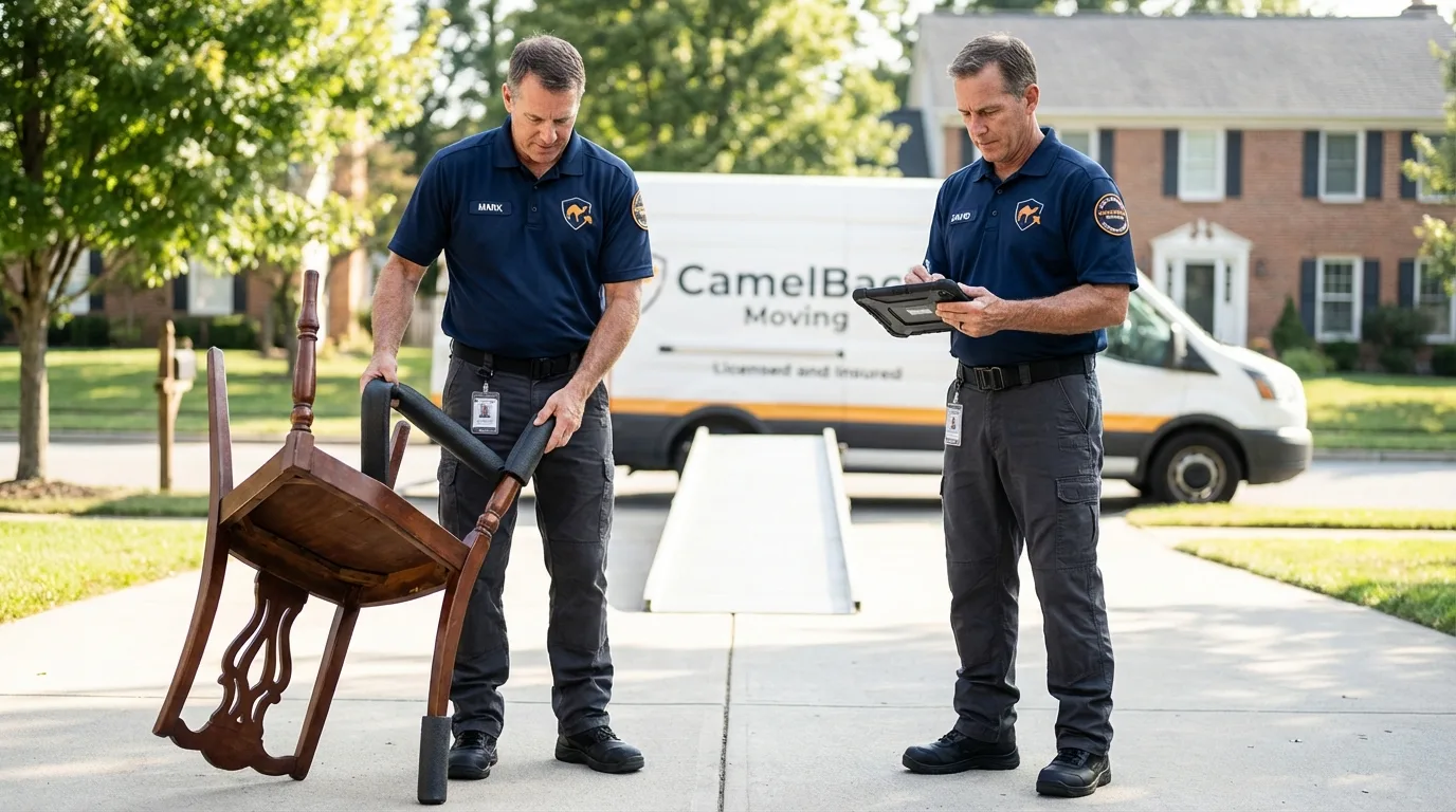 Movers inspecting furniture for damage prevention before loading in El Reno, OK