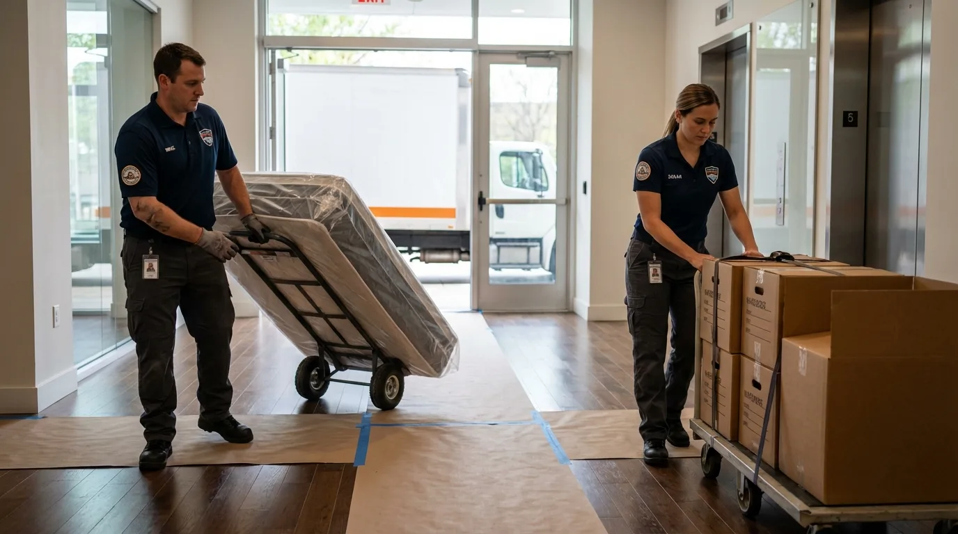 Professional apartment movers loading elevator in El Reno, OK